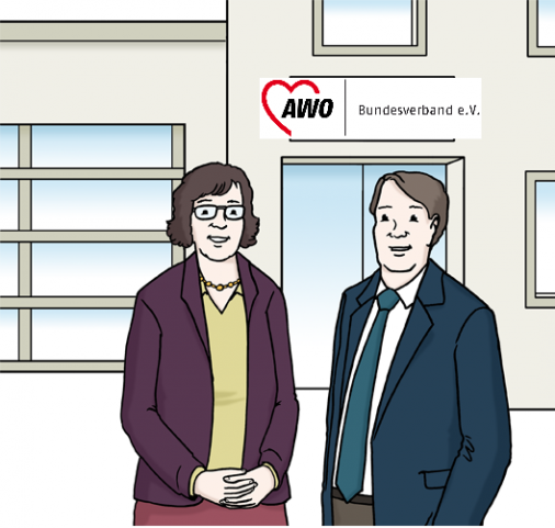 Auf dem Bild sieht man einen Mann und eine Frau. Beide stehen vor dem AWO Bundes-Verband e.V.