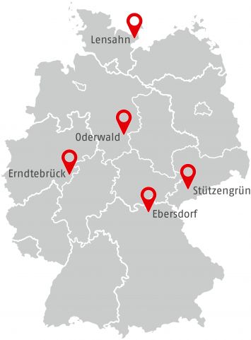 Deutschlandkarte mit den 5 ländlichen Projektstandorten: Stützengrün, Ebersdorf, Erndtebrück, Oderwald, Lehnsahn